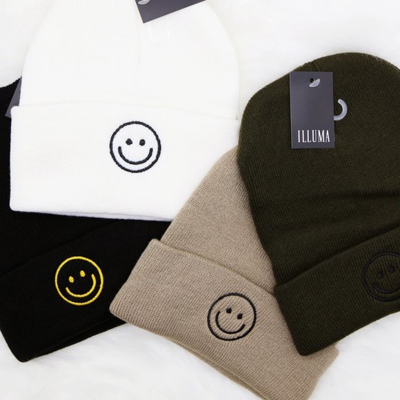 NEW Smile Smiley Happy Face Emoji Embroidered Cozy Soft Warm Rib Knit Beanie Hat - Picture 3 of 14
